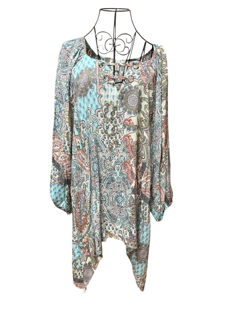 Spense Light Blue Paisley Lace-Up Boho Asymmetrical Tunic 3X